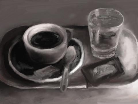 Stilleben mit Kaffee und Wasser